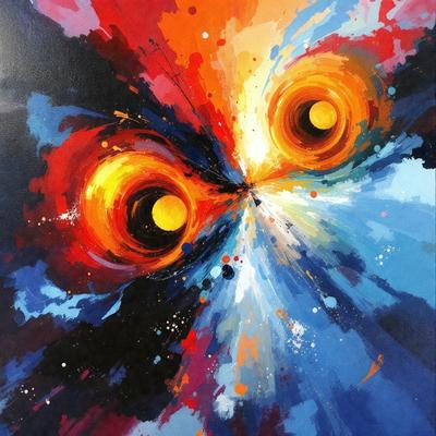 The primary subject of the image is a painting featuring two large eyes, one on the left and one on the right. The setting is a black background, which contrasts with the vibrant colors of the eyes. The visual style is a mix of digital art and illustration, creating a unique and eye-catching piece. The dominant colors are blue and orange, which contribute to the overall mood of the painting.